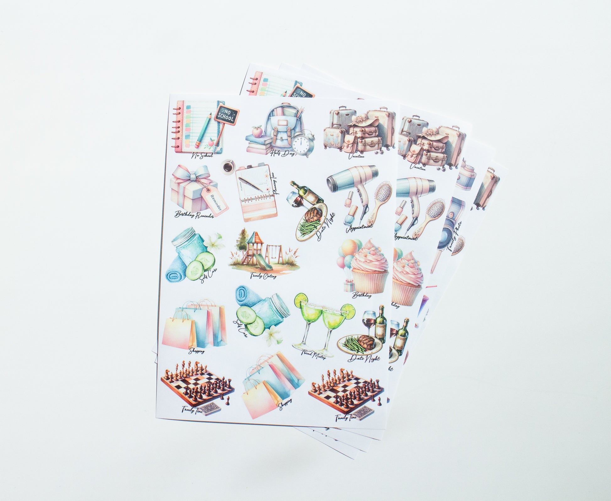 Sheet of colorful illustrated stickers on a white background