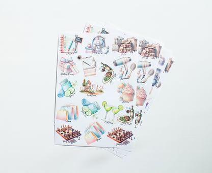 Sheet of colorful illustrated stickers on a white background