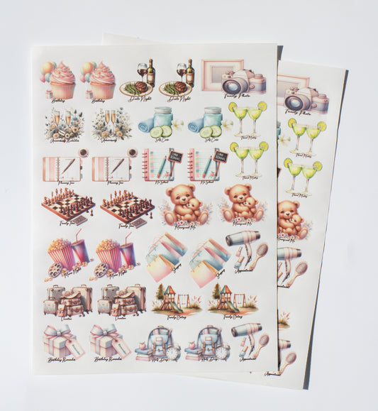 Two sheets of decorative stickers with various illustrations on a white background