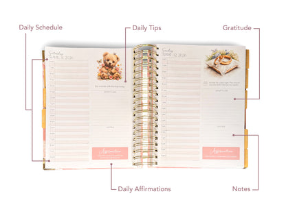 Open planner with sections labeled Daily Schedule, Daily Tips, Gratitude, Daily Affirmations, and Notes.