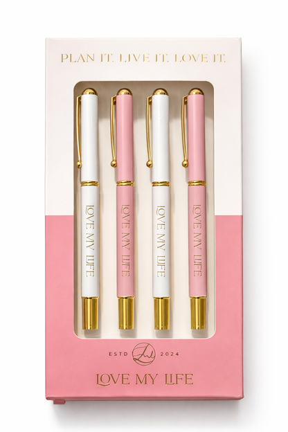 Signature Pen Set - Monogrammed Love My Life Logo, Set of Four Roller Ball Pens, Smooth Ink Flow, 0.7 mm Writing Width, Branded Box