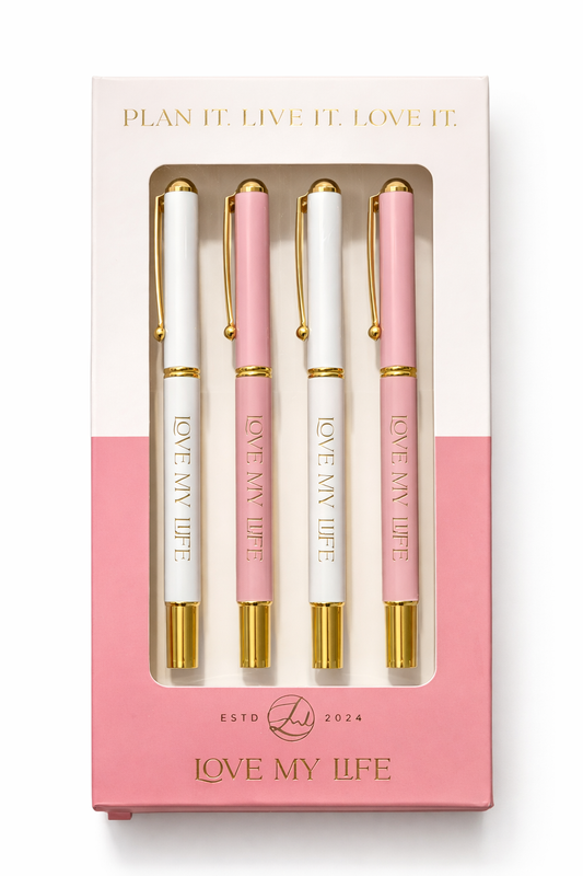 Signature Pen Set - Monogrammed Love My Life Logo, Set of Four Roller Ball Pens, Smooth Ink Flow, 0.7 mm Writing Width, Branded Box