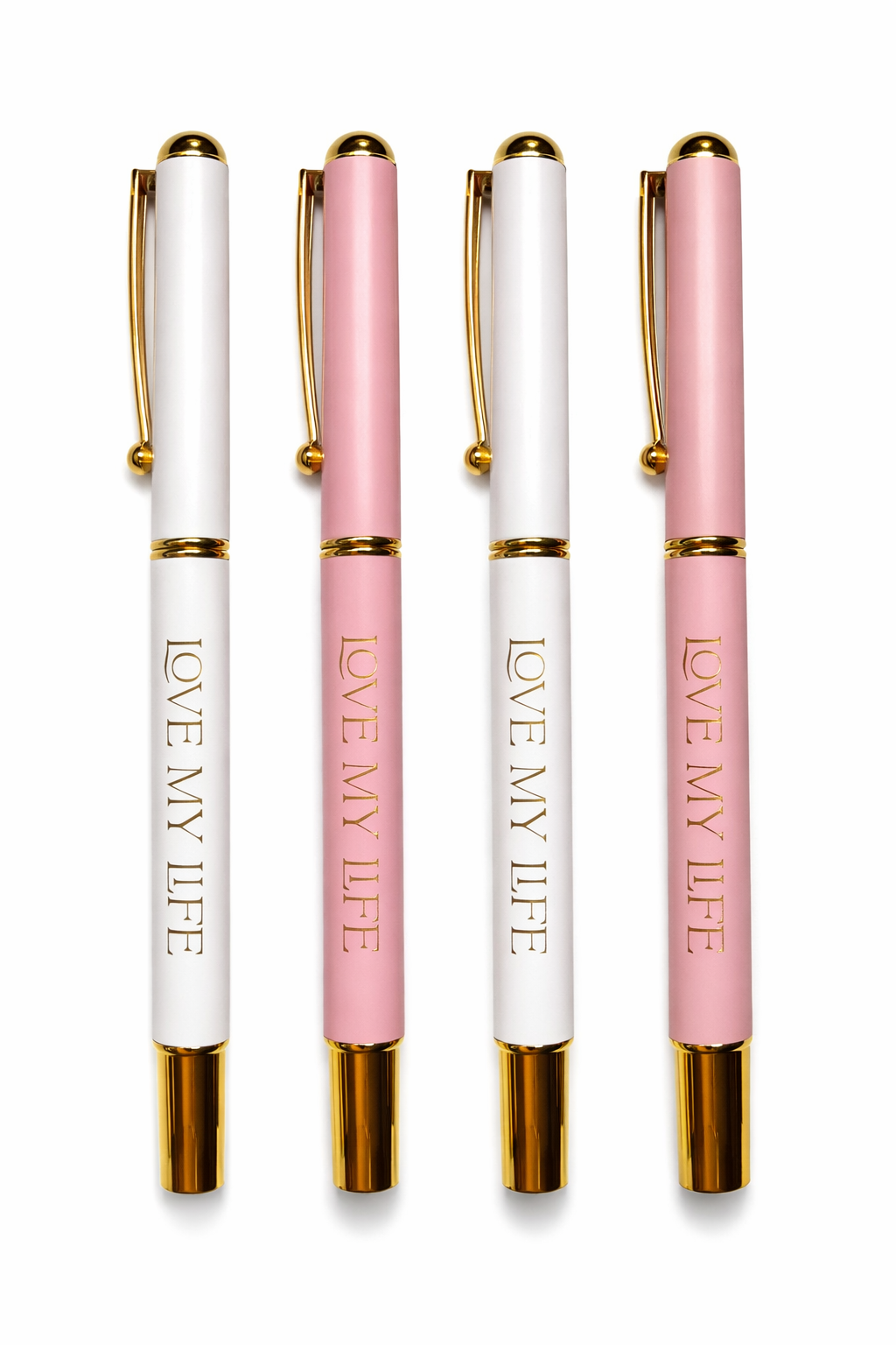 Signature Pen Set - Monogrammed Love My Life Logo, Set of Four Roller Ball Pens, Smooth Ink Flow, 0.7 mm Writing Width, Branded Box